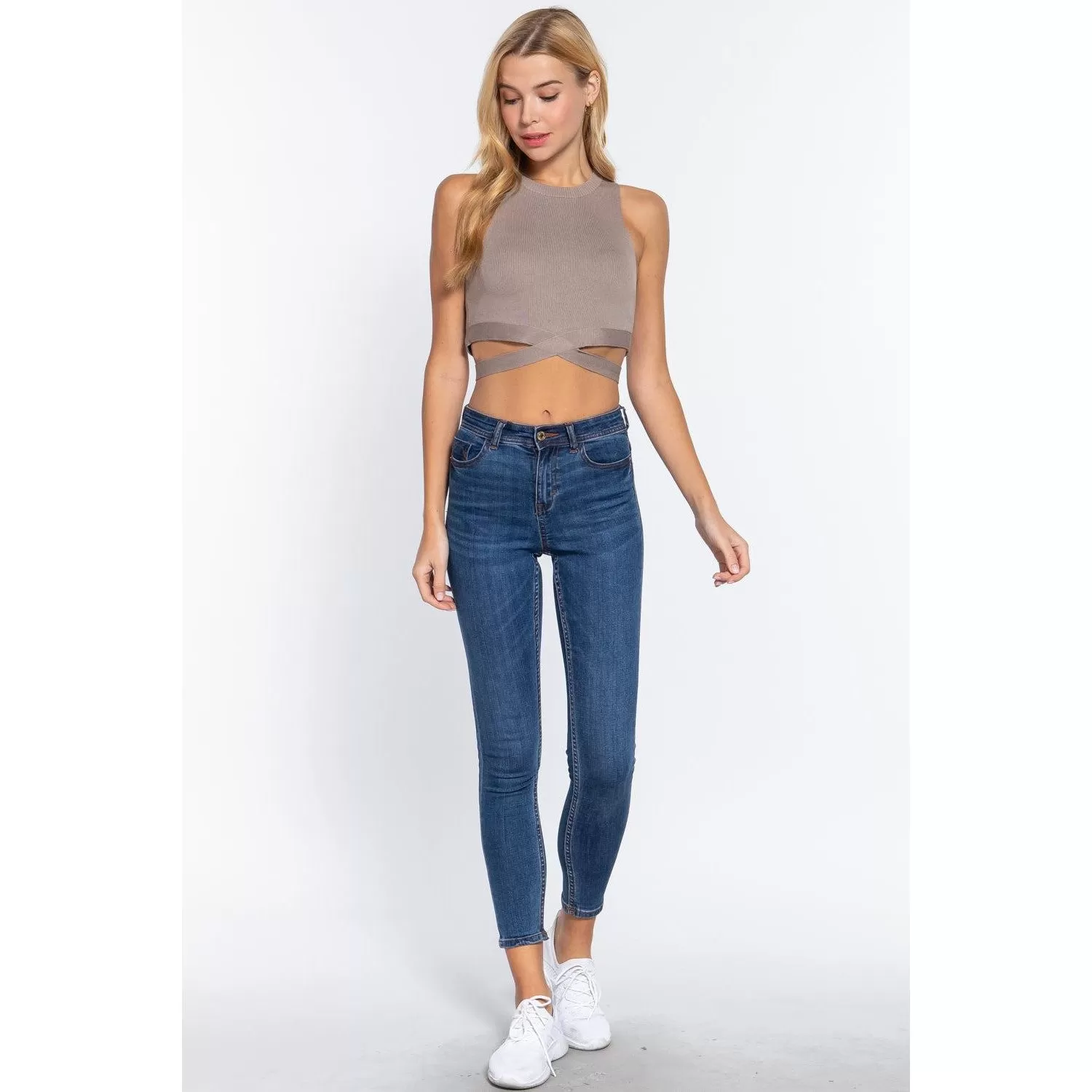 Sleeveless Crew Neck Waist Tie Crop Sweater Top