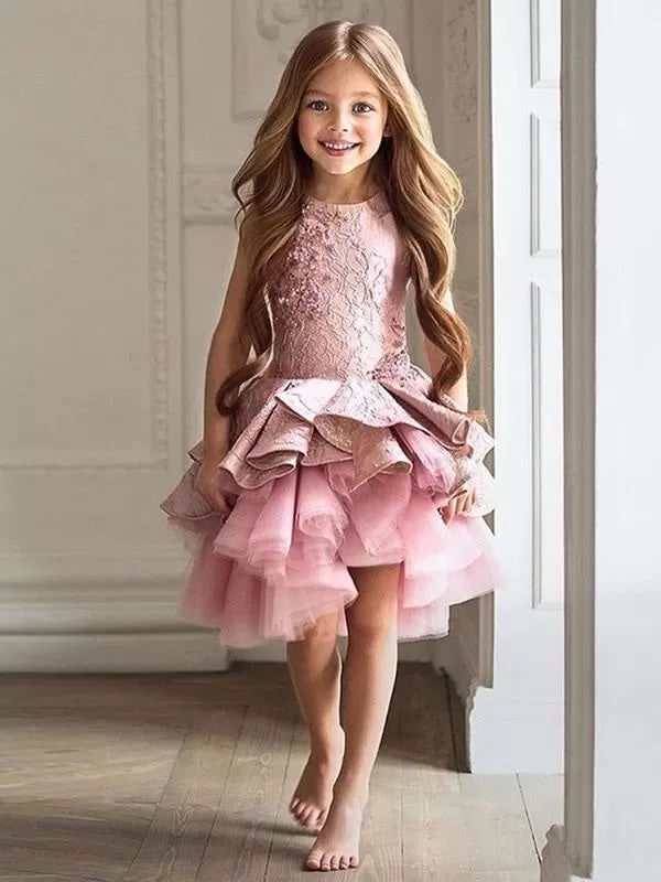 Sleeveless Flower Girl Dresses Tulle Lace A-Line Applique Puffy Layers Kids Party Dresses