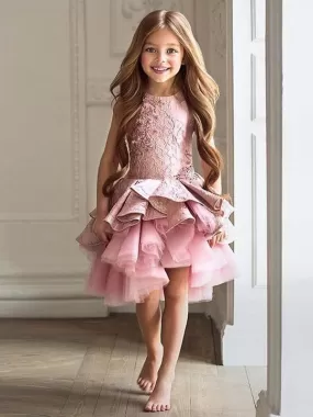 Sleeveless Flower Girl Dresses Tulle Lace A-Line Applique Puffy Layers Kids Party Dresses