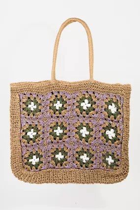 Straw Braided Floral Pattern Tote Bag