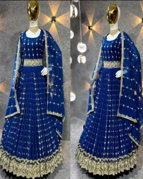 Teal Blue Georgette Heavy Embroidered Anarkali Gown With Dupatta 2Pc