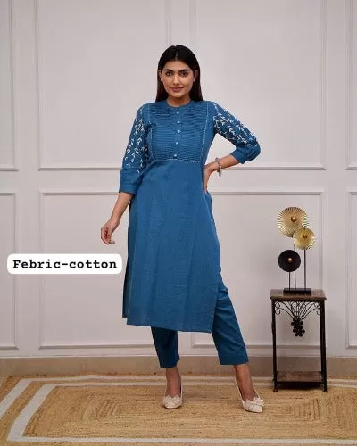 Teal Blue Pintex Detailing Embroidered Cotton Kurti Pant Set Of 2