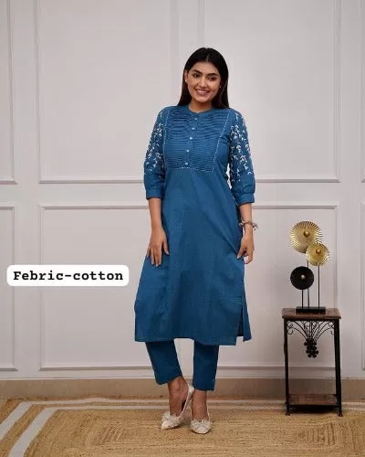 Teal Blue Pintex Detailing Embroidered Cotton Kurti Pant Set Of 2