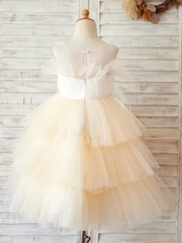 Tulle Sleeveless Knee-Length Princess Silhouette Beaded Kids Pale Mauve Party Dresses