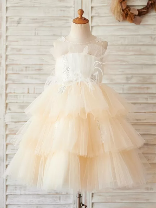 Tulle Sleeveless Knee-Length Princess Silhouette Beaded Kids Pale Mauve Party Dresses