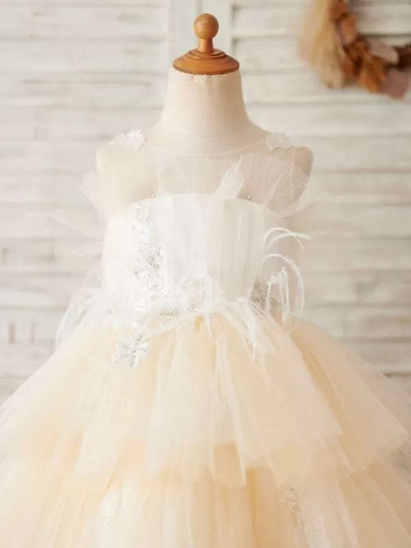 Tulle Sleeveless Knee-Length Princess Silhouette Beaded Kids Pale Mauve Party Dresses