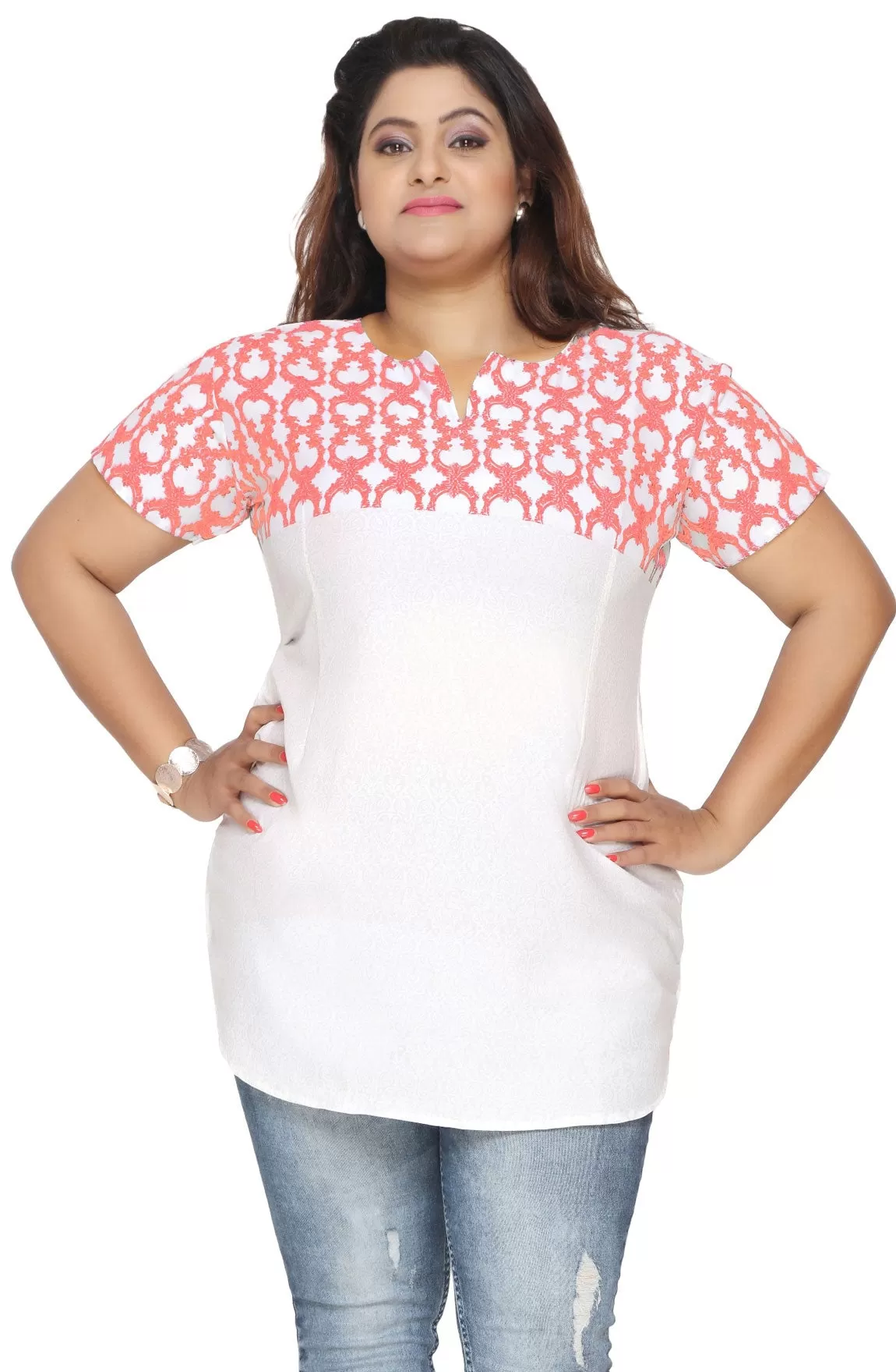 Tunic Top Kurti Plus Size Womens Printed Indian Clothes (White-Red)