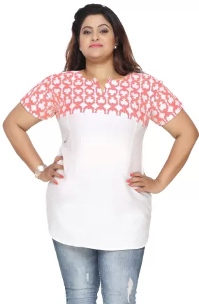 Tunic Top Kurti Plus Size Womens Printed Indian Clothes (White-Red)