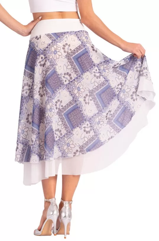 Two-layer Blue Mixed Print Georgette Dance Skirt