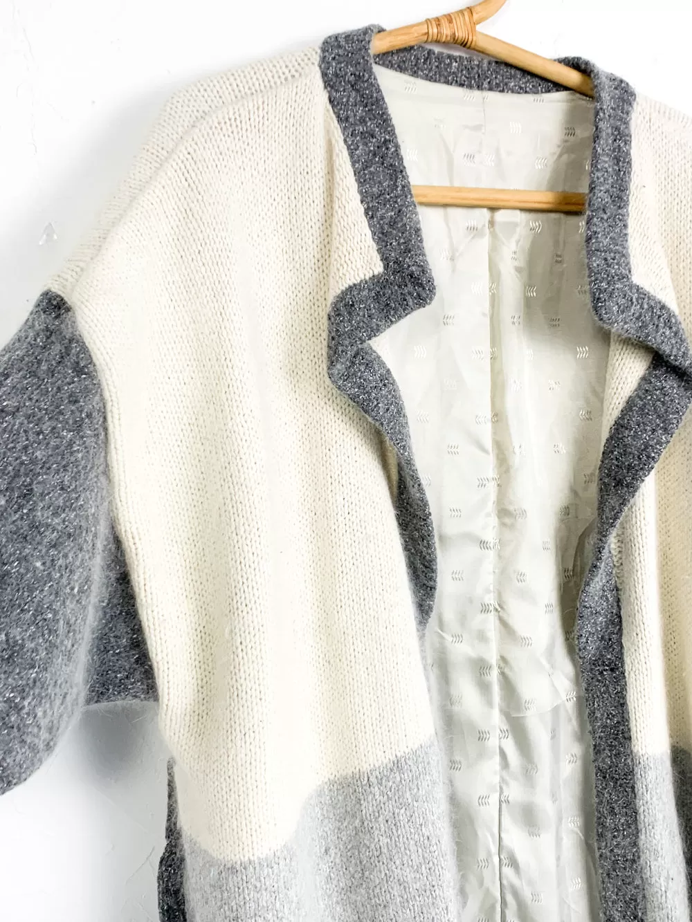 White and Grey Colorblocked Wool Belted Cardigan