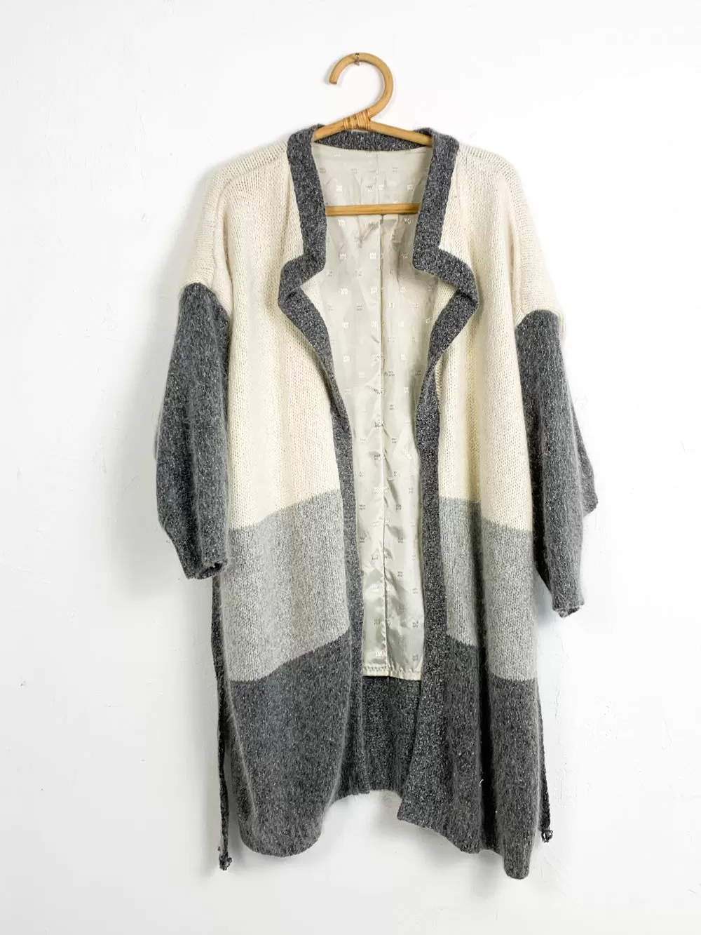 White and Grey Colorblocked Wool Belted Cardigan