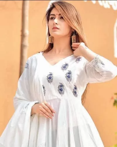 White Cotton Anarkali Gown With Dupatta