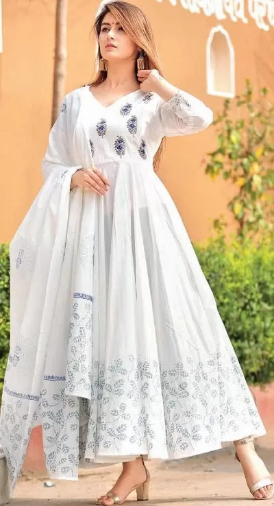 White Cotton Anarkali Gown With Dupatta