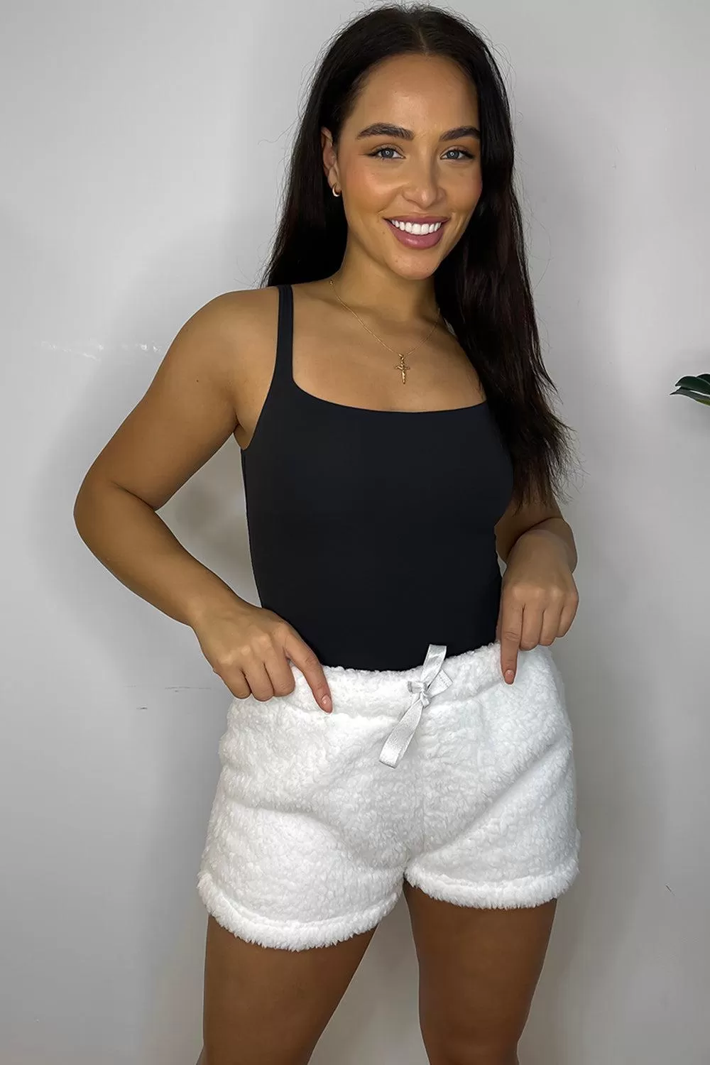 White Faux Fur Drawstring Shorts