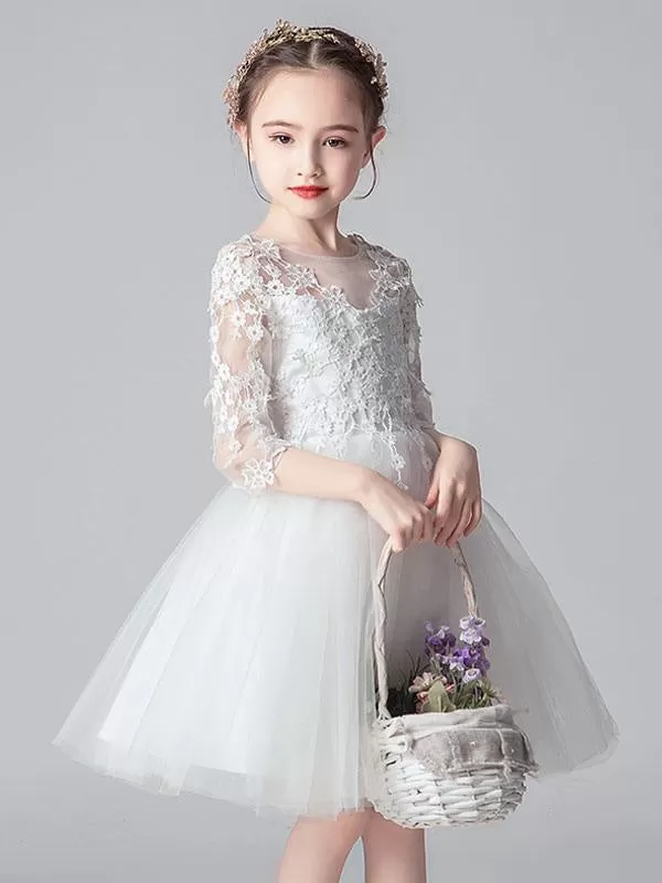 White Formal Kids Party Dress 3/4 Sleeves Flower Girl Dresses with Lace Appliques