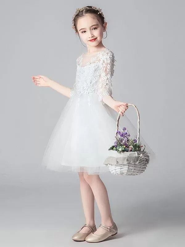 White Formal Kids Party Dress 3/4 Sleeves Flower Girl Dresses with Lace Appliques