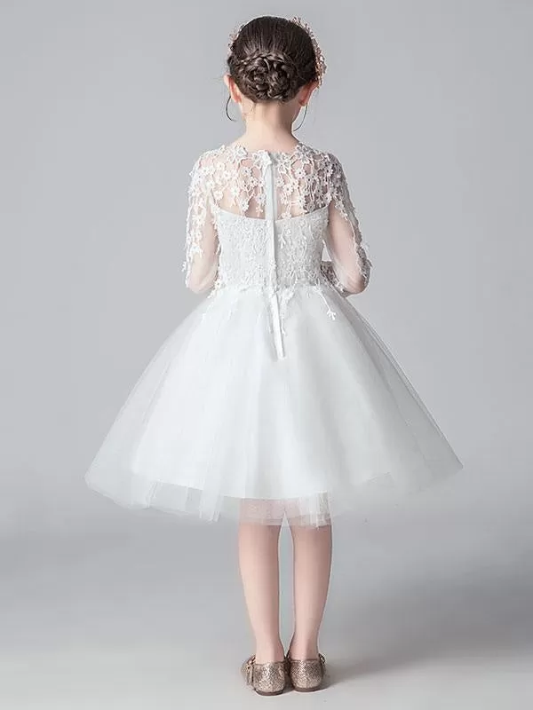 White Formal Kids Party Dress 3/4 Sleeves Flower Girl Dresses with Lace Appliques