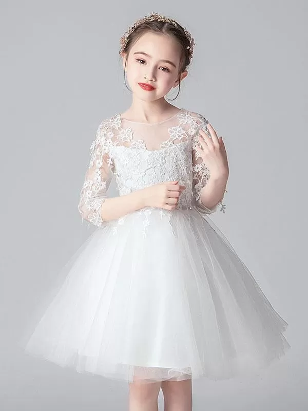 White Formal Kids Party Dress 3/4 Sleeves Flower Girl Dresses with Lace Appliques