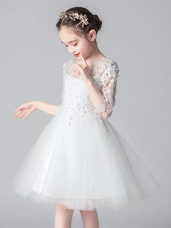 White Formal Kids Party Dress 3/4 Sleeves Flower Girl Dresses with Lace Appliques