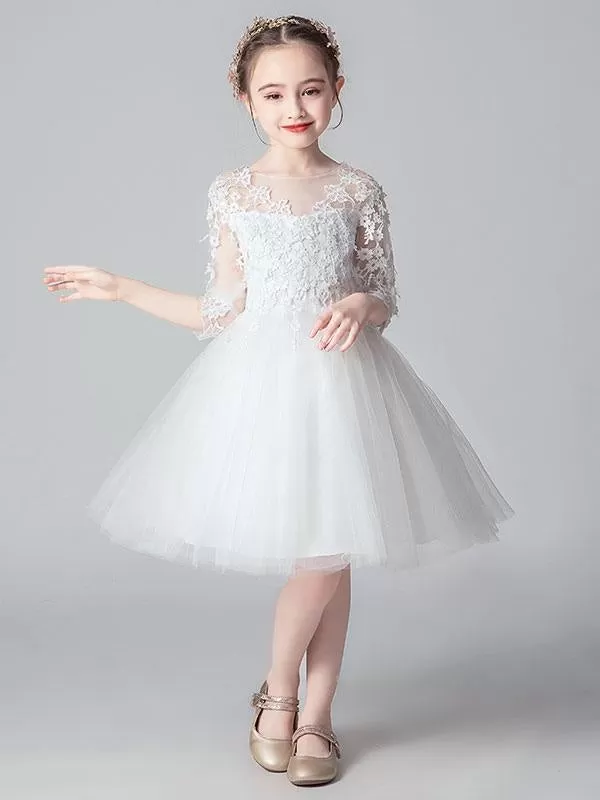 White Formal Kids Party Dress 3/4 Sleeves Flower Girl Dresses with Lace Appliques