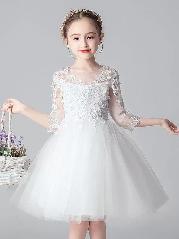 White Formal Kids Party Dress 3/4 Sleeves Flower Girl Dresses with Lace Appliques