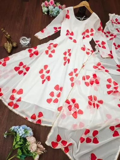 White Georgette Red Heart Print Anarkali Gown With Dupatta Set Of 2