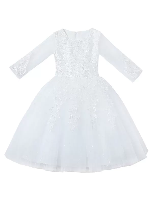 White Lace Tulle A-Line Flower Girl Dresses Sleeveless Knee-Length Kids Party Dresses