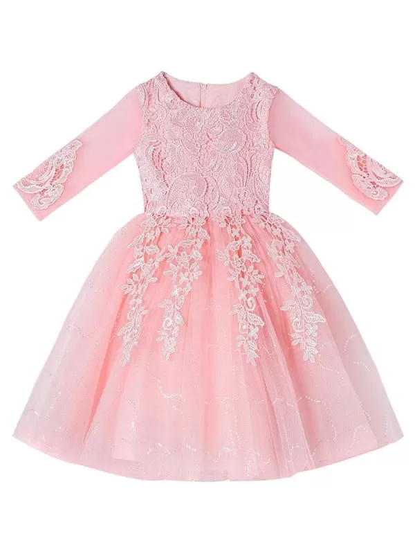 White Lace Tulle A-Line Flower Girl Dresses Sleeveless Knee-Length Kids Party Dresses