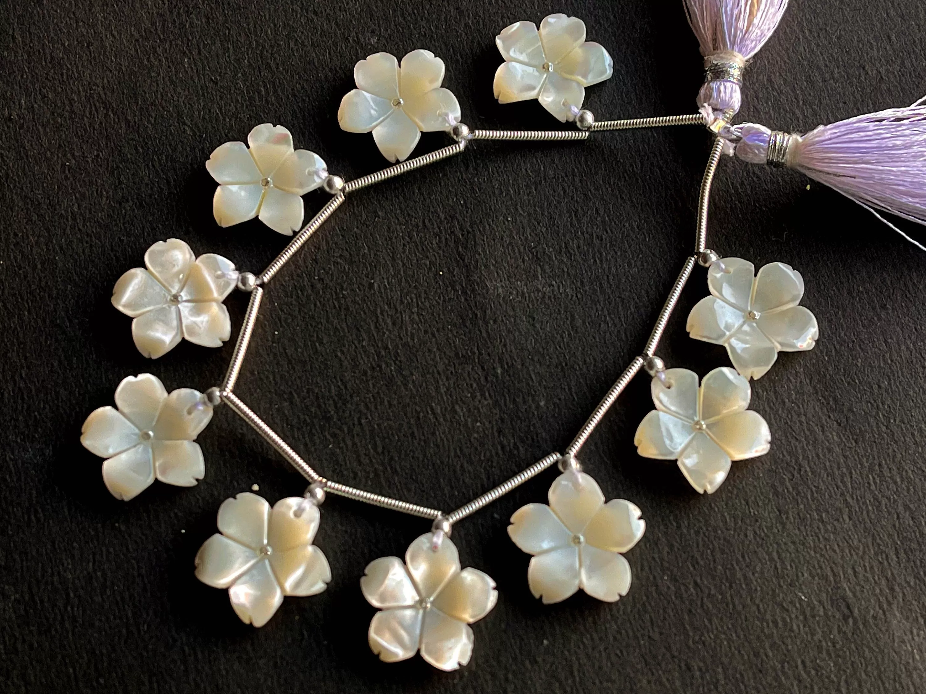 White Mother of Pearl Flower Carved Beads with Cubic Zirconia