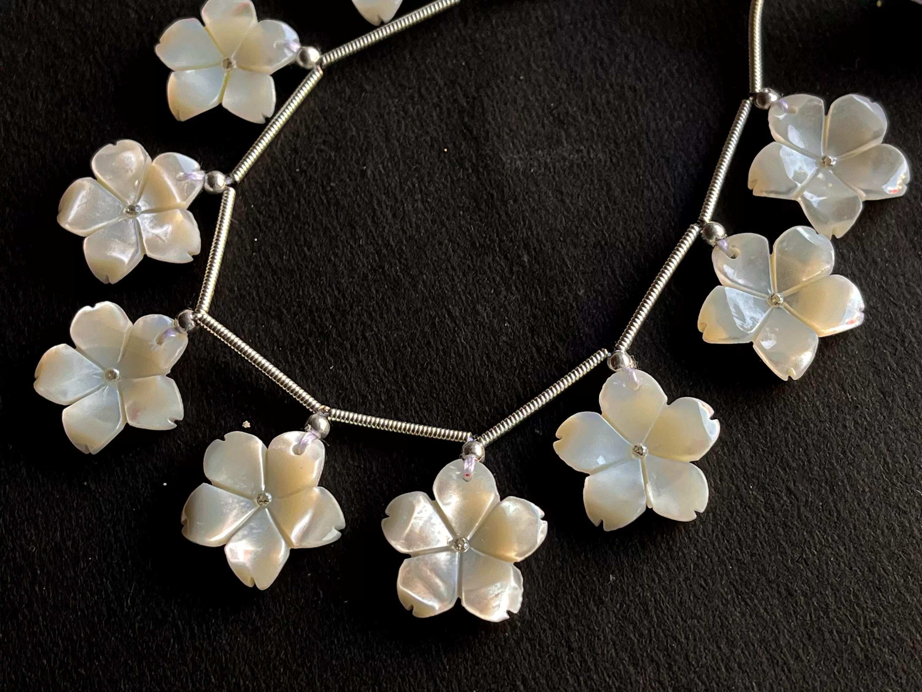 White Mother of Pearl Flower Carved Beads with Cubic Zirconia