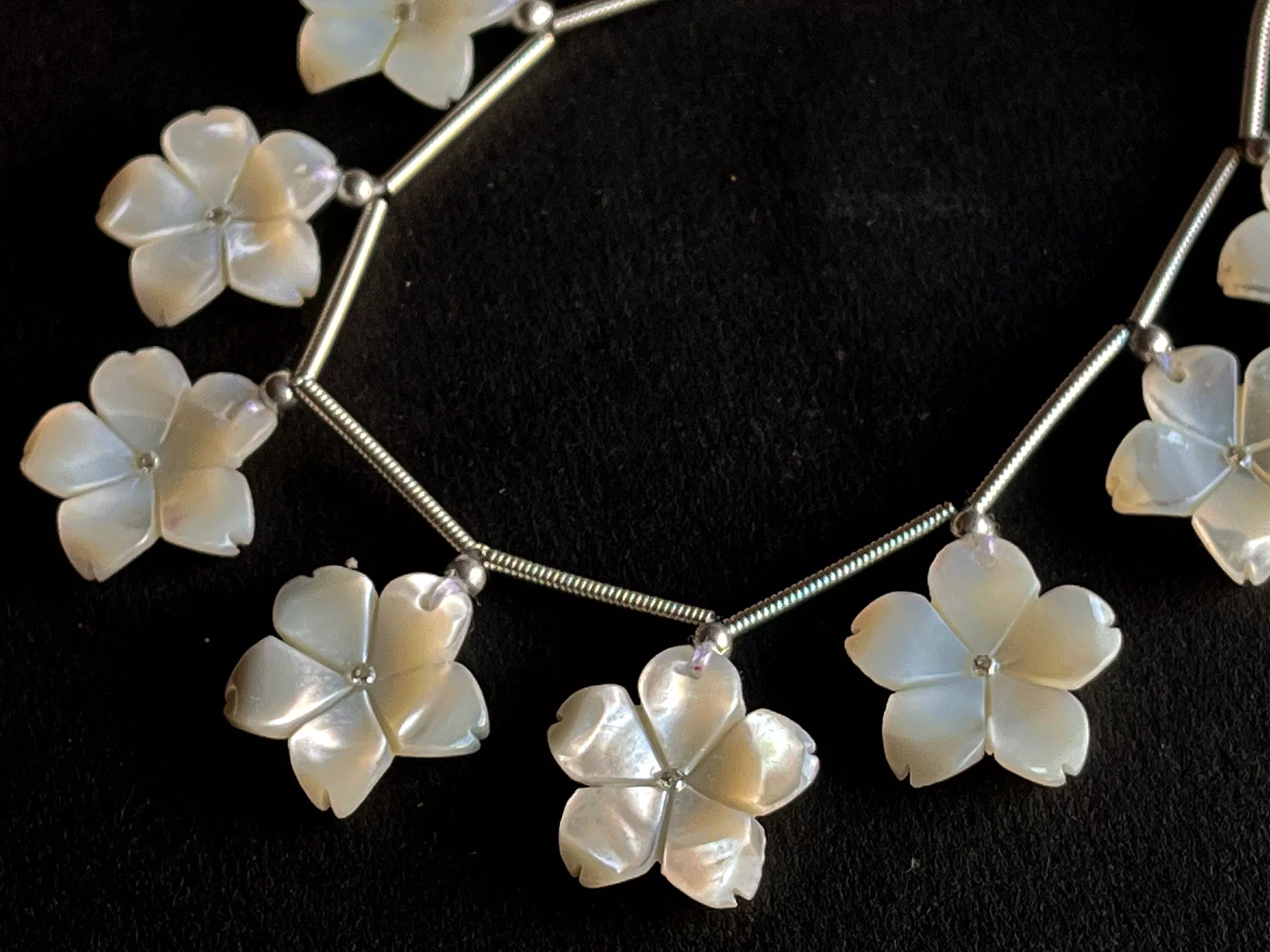 White Mother of Pearl Flower Carved Beads with Cubic Zirconia