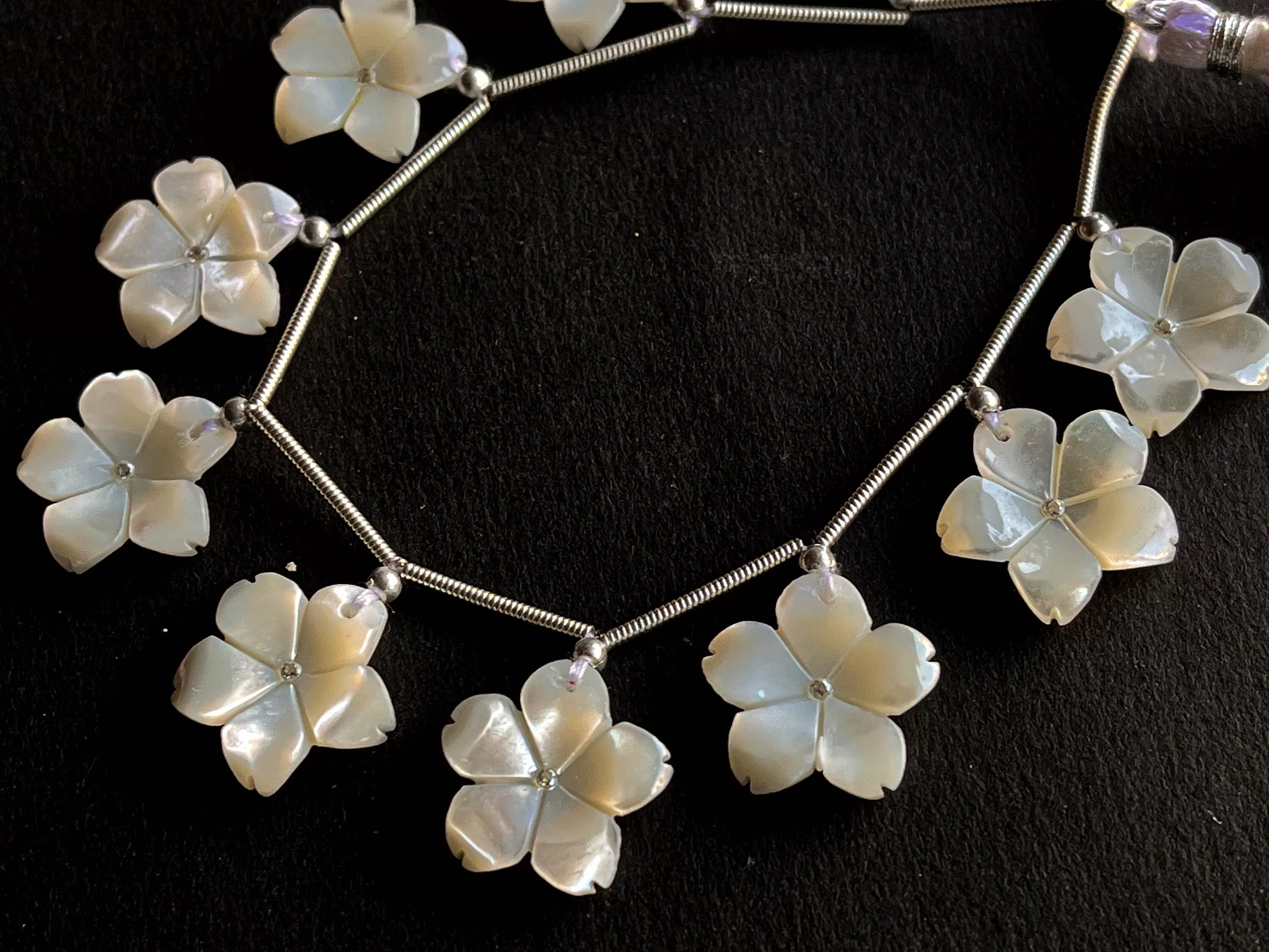 White Mother of Pearl Flower Carved Beads with Cubic Zirconia