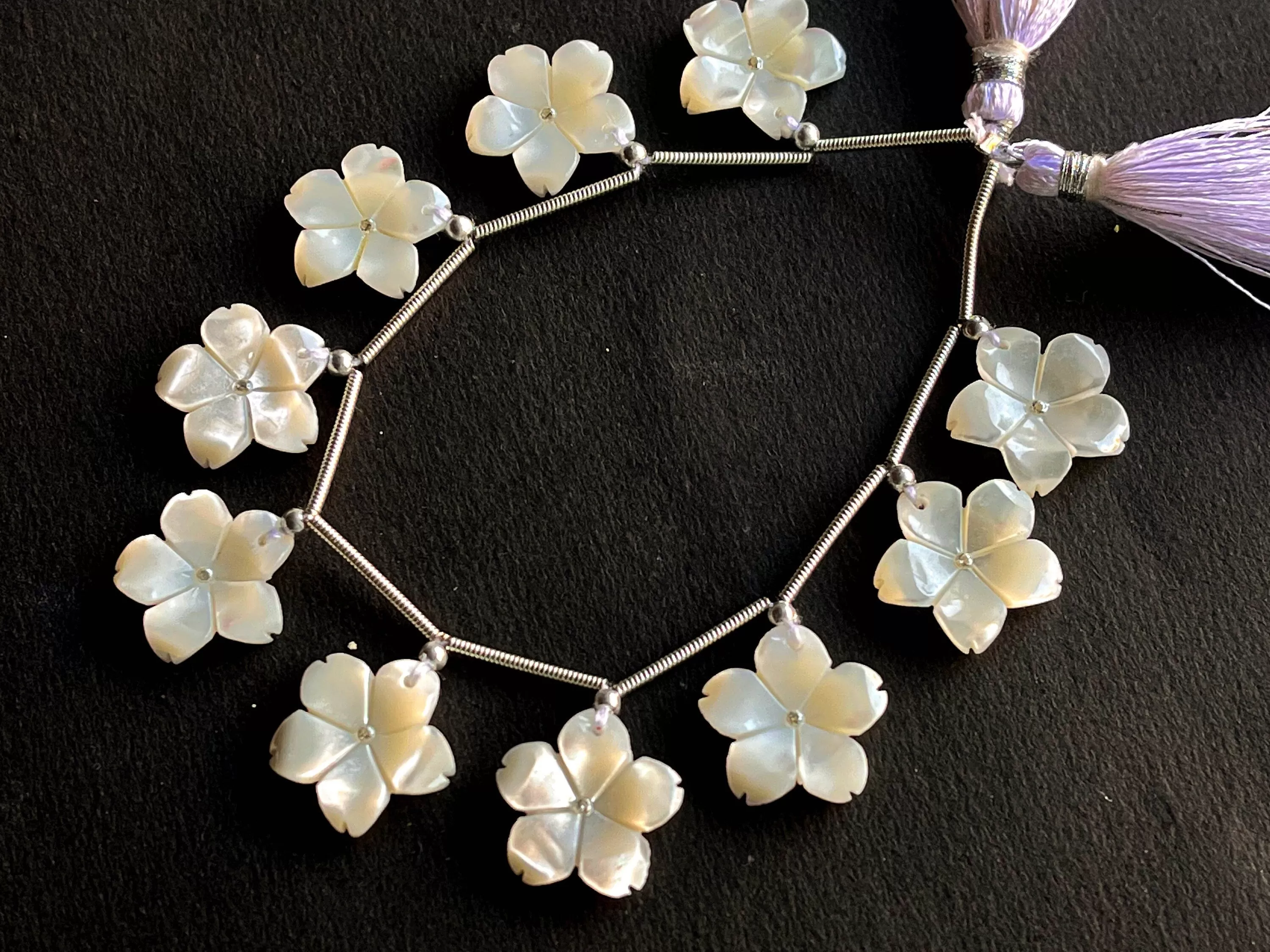 White Mother of Pearl Flower Carved Beads with Cubic Zirconia