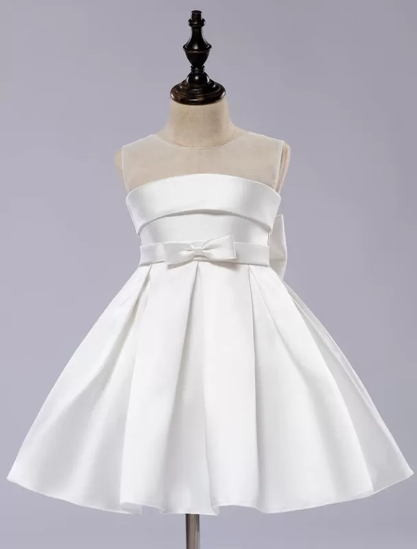 White Satin Pageant Dinner Dress Tutu Toddlers Knee Length Flower Girl Dress