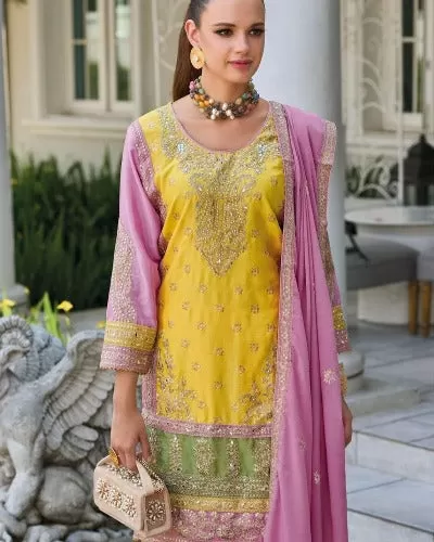 Yellow & Pink Designer Georgette Palazzo Suit Set