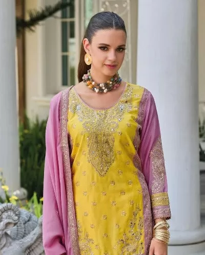 Yellow & Pink Designer Georgette Palazzo Suit Set