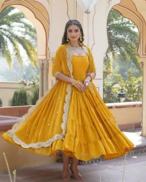 Yellow Layered Frill Georgette Anarkali Gown With Dupatta 2Pc