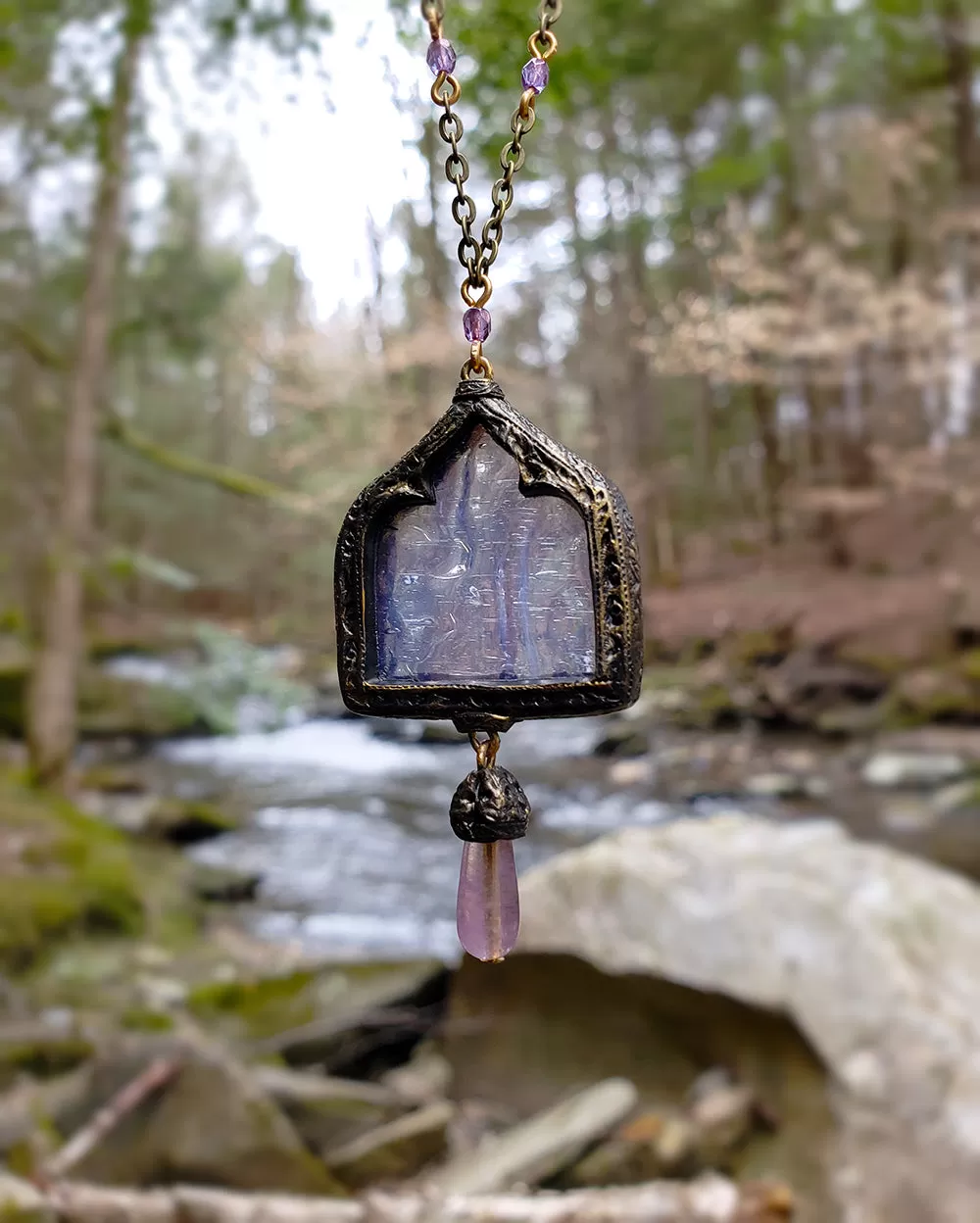 Ygrayne's Window ~ Iridescent Stained Glass Gothic Arch Amulet