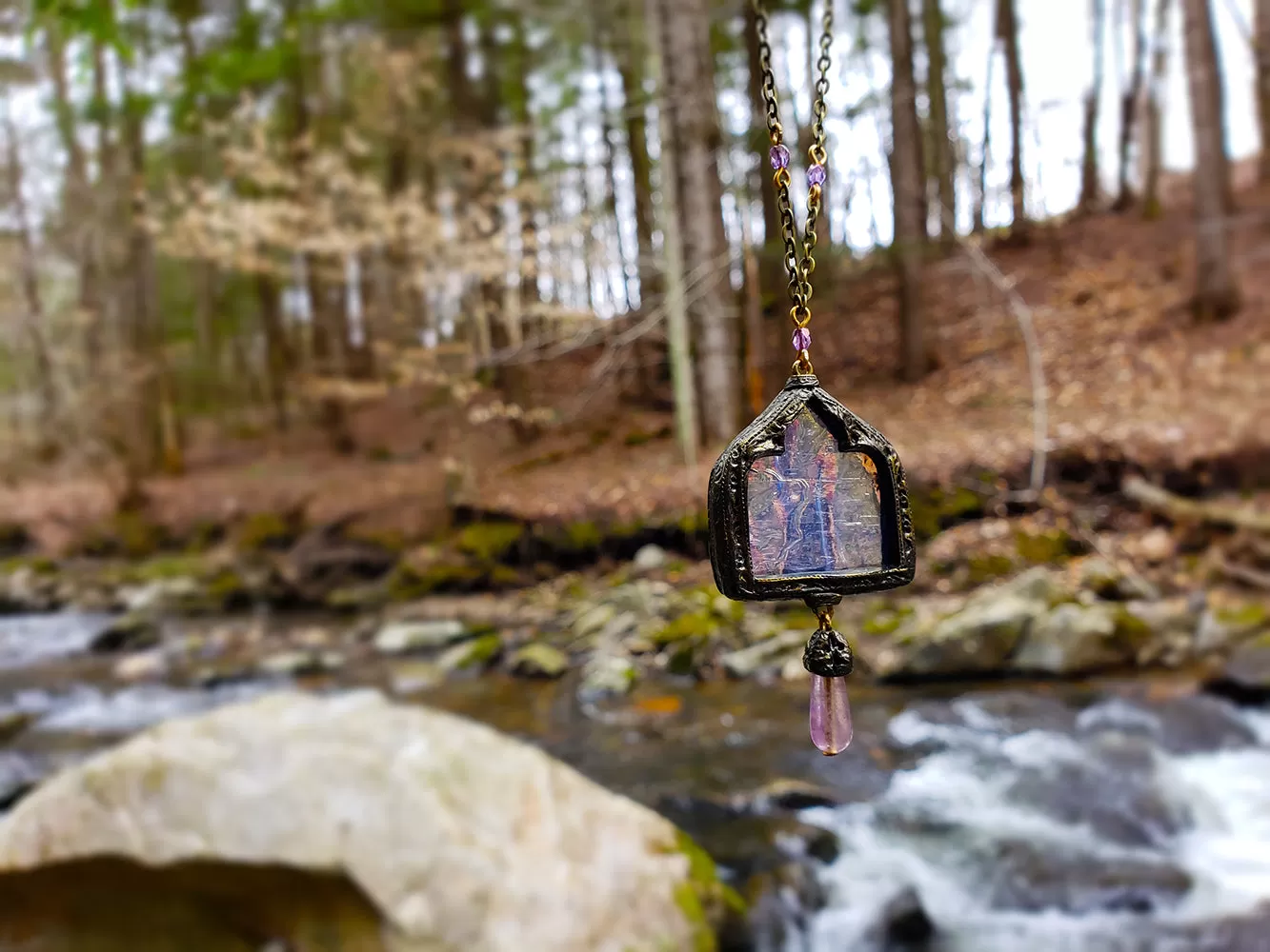 Ygrayne's Window ~ Iridescent Stained Glass Gothic Arch Amulet